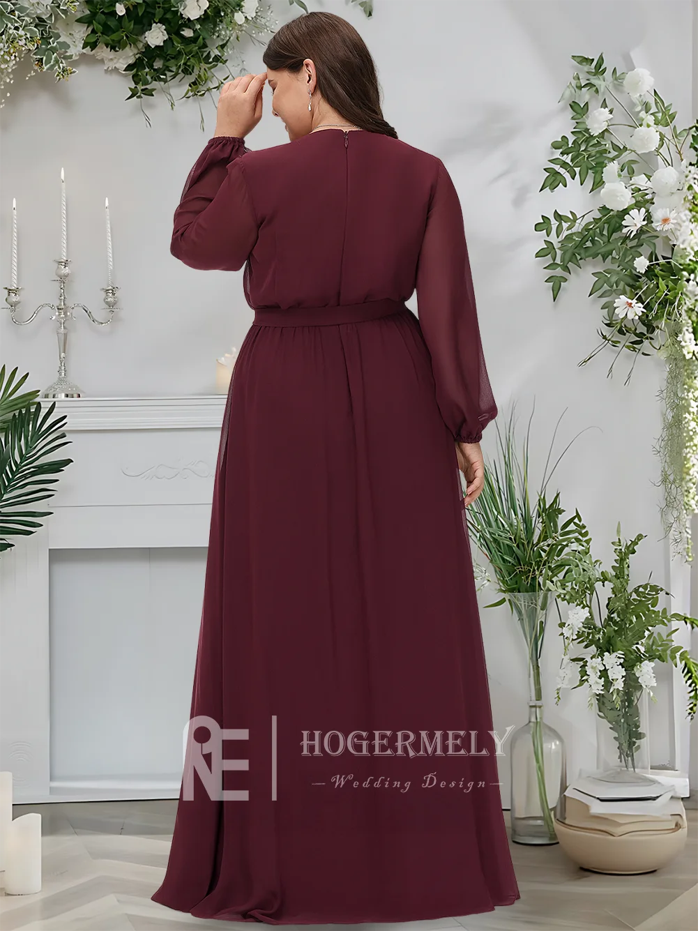 ​ ​ Elegantes Cabernet-Brautjungfernkleid in A-Linie mit V-Ausschnitt und bodenlangem Chiffon 2025, mit Schleife, plissiertem, langen Ärmeln für Hochzeitsgäste