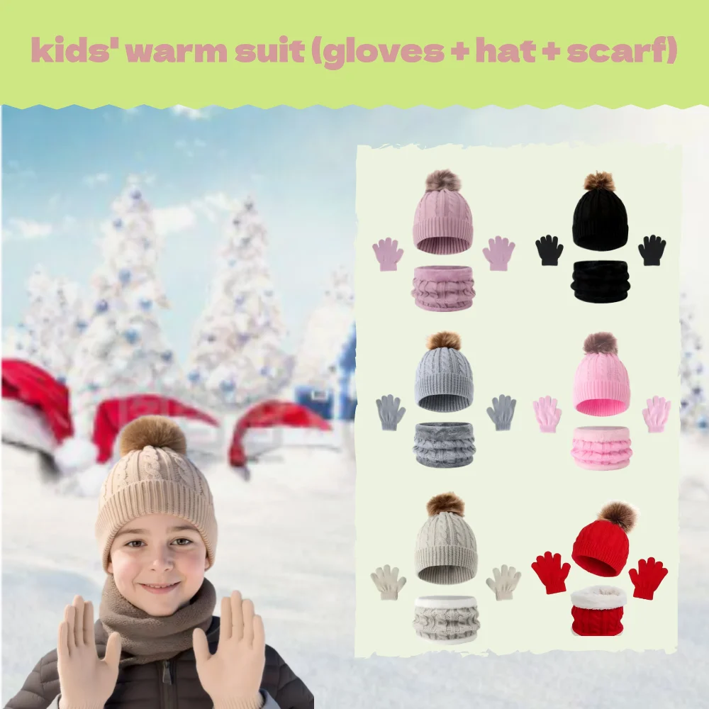 Children's thermal set including scarf + hat + gloves, winter warming equipment, multiple color options available