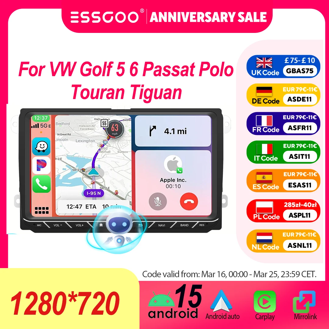 ESSGOO Display Touch IPS 9 Pollici Android 15 64G Apple CarPlay Android Auto Wireless WIFI Per VW Golf 5 6 Passat Polo Touran Tiguan Autoradio GPS Navigazione Bluetooth FM USB Mirror Link ASP Lettore
