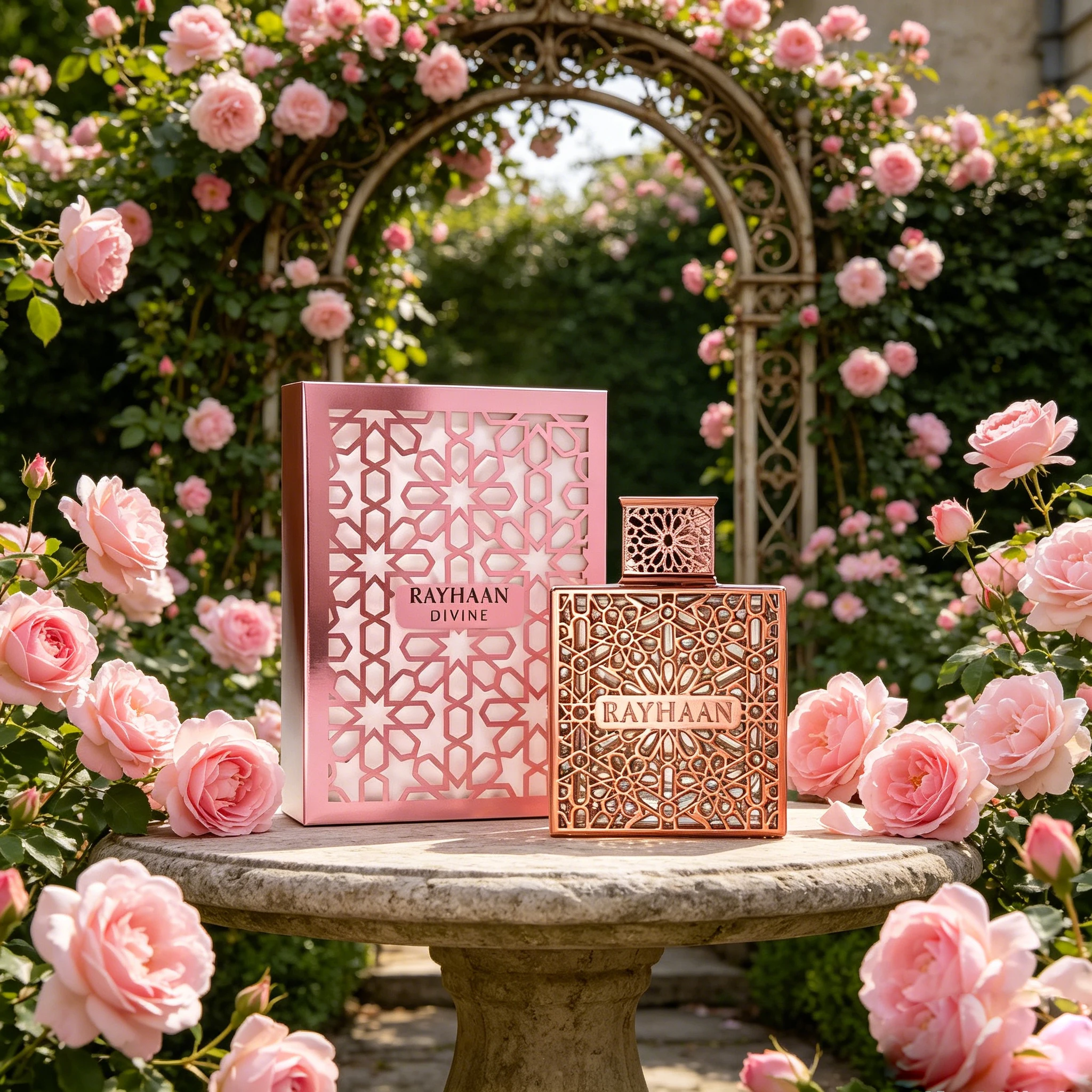 Parfum Rayhaan Divine Middle East, or rose, ajouré et sculpté, parfum floral élégant et parfumé, parfum doux et charmant, parfum longue durée, parfum cadeau idéal pour les rendez-vous.