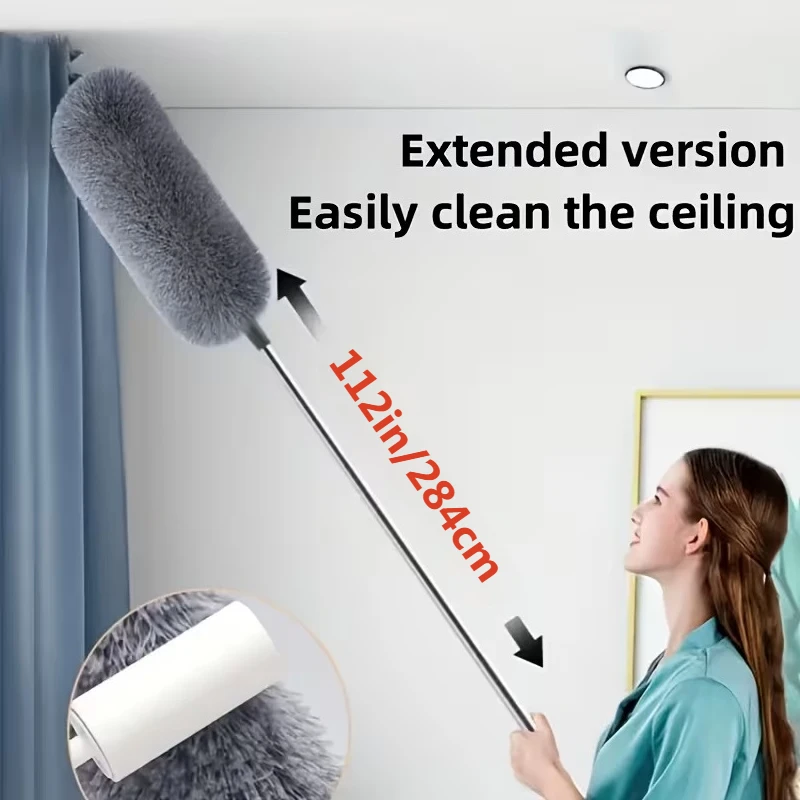 Extendable Microfiber Duster Wand, 284cm/112in - Flexible, Retractable Pole for High Ceilings, Furniture & Car Interiors - No Ba