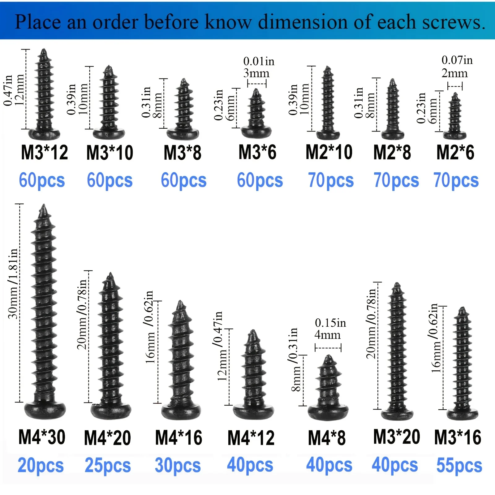 14 Sizes M2 M3 M4 Self-Tapping Screws Kit, Black Carbon Steel Phillips Pan Head Sharp Point Wood Screws, Fasteners for Wood Plas