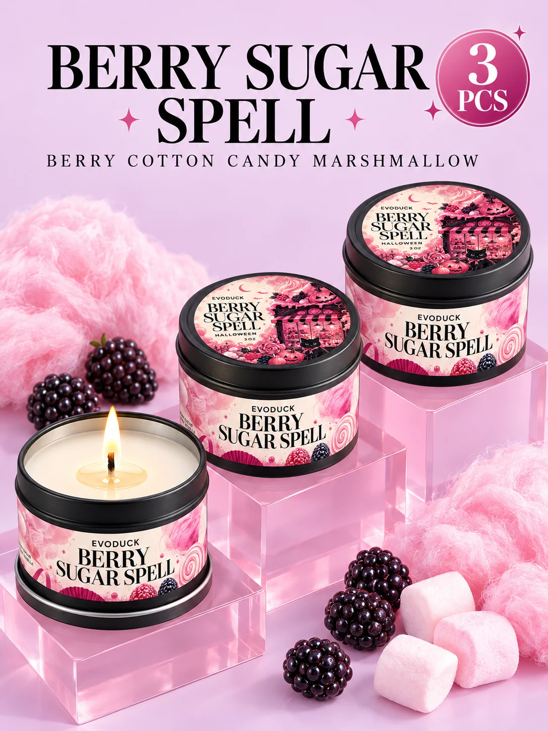 1/2/3pcs Halloween Scented Candle Berry Cotton Candy Marshmallow 3oz Black Tin Candle Pink Spooky Cute Kawaii Room Decor Sweet Candy Fragrance Candles for Bedroom Bathroom Vanity Halloween Party Decorations Fall Gifts for Women Girls Teen
