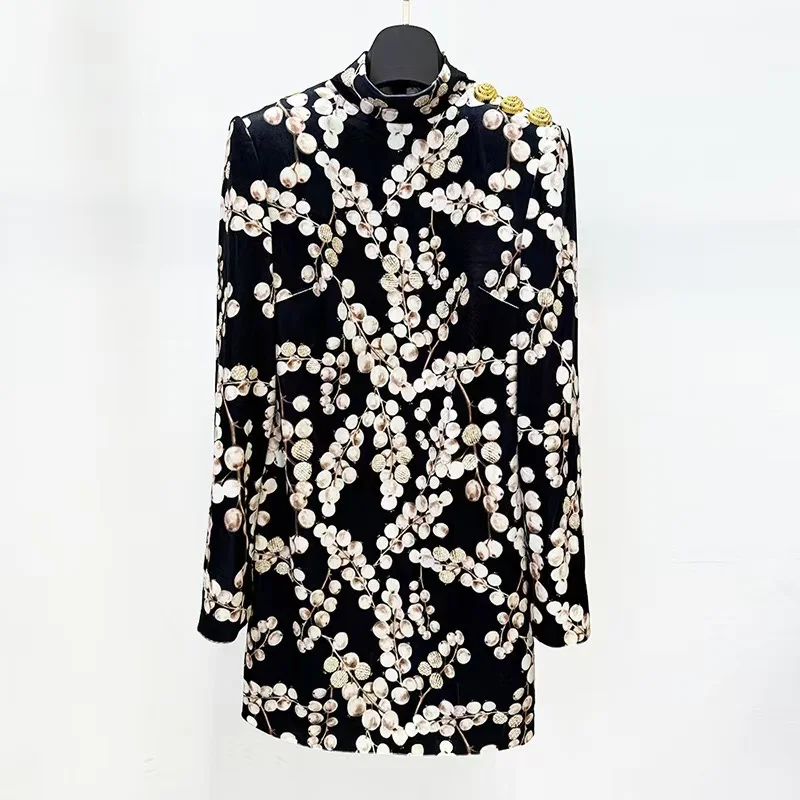 2024 star autumn and winter new item heavy industry nail bead gallon fruit printed gold velvet long sleeved party dress