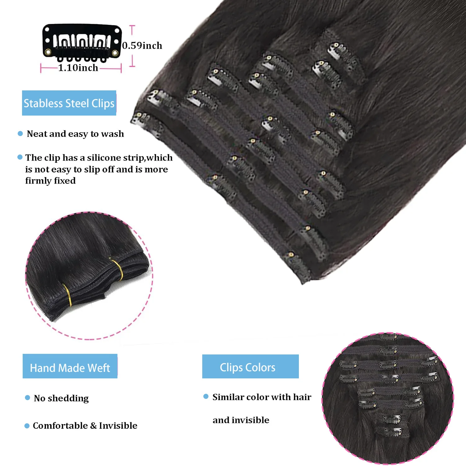 Clip em extensões de cabelo humano para mulheres, cabelo liso remy brasileiro, preto natural, 4 613 cores, 10 a 26 ", 120G, 8pcs, conjunto