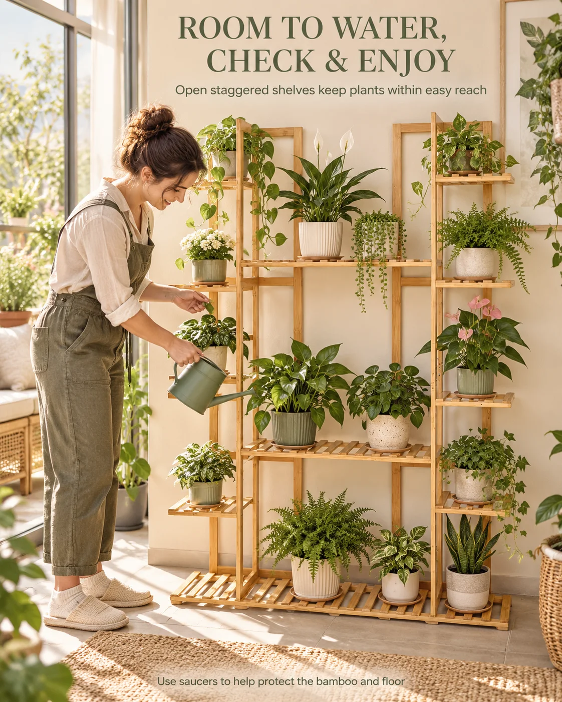 Multi-Tier Bamboo Plant Stand 48in Tall Wooden Flower Pot Display Shelf for Indoor Living Room Balcony Corner