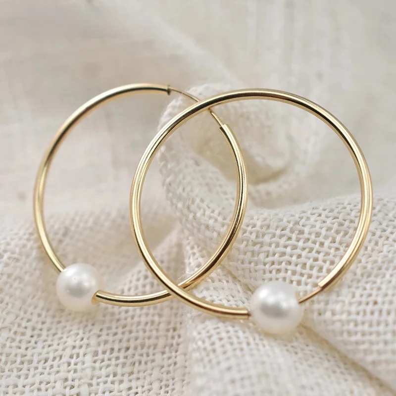 14K złoto wypełnione kolczyki Hoop biżuteria-naturalne perły złote kolczyki kołowe Brincos Pendientes Oorbellen kolczyki Boho złota biżuteria — zdjęcie 2