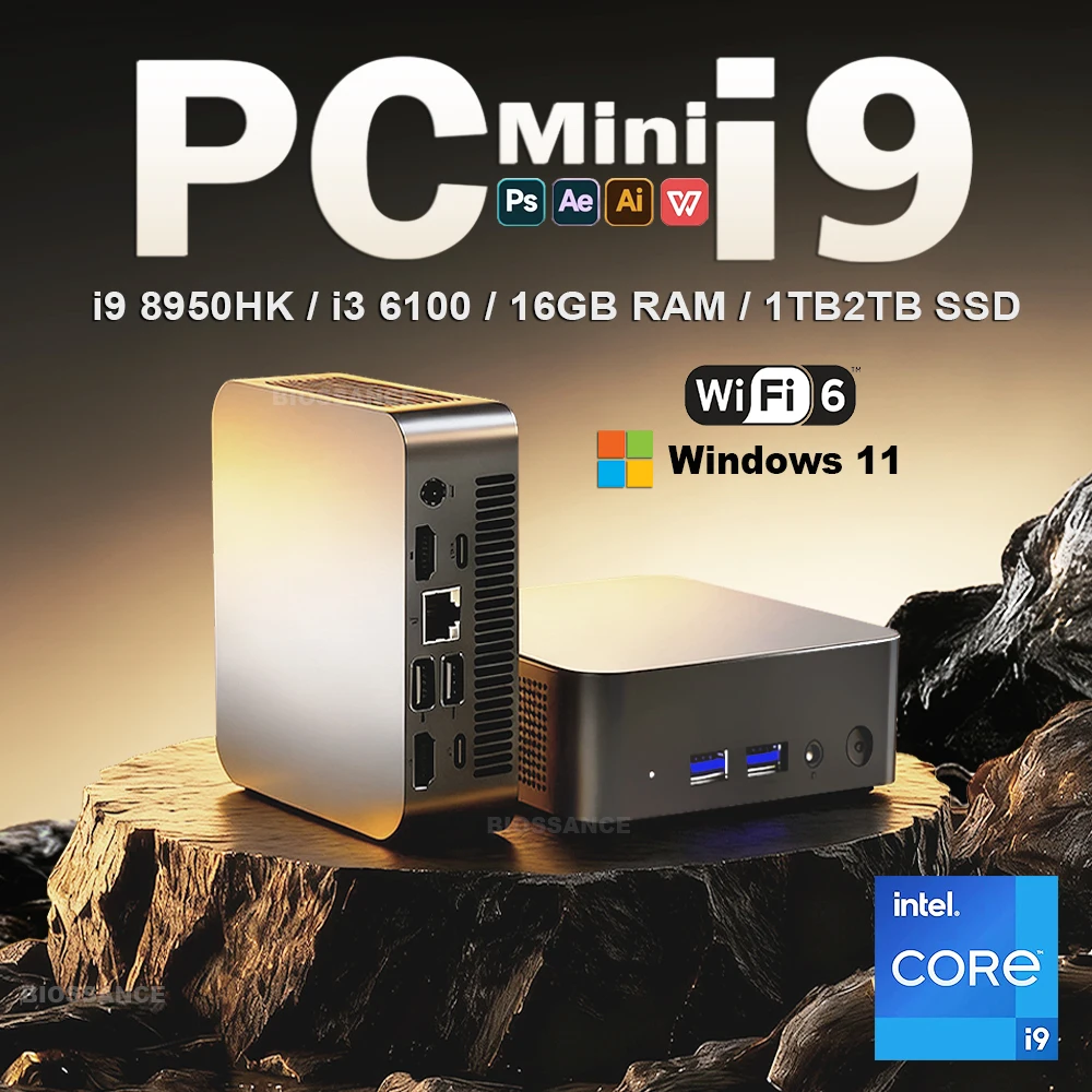 2025 Mini PC Intel Core i9 8950HK i3 6100 Windows 11 Pro 16GB RAM ordinateur de poche 1 to 2 to SSD 4K ordinateur de bureau de jeu WiFi 6 bureau