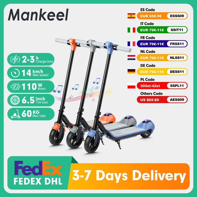 Trottinette électrique pour enfants Mankeel MK029, 6-12 ans, lumières clignotantes colorées, autonomie de 6-8 km, vitesse maximale de 14 km/h, musique Bluetooth intelligente, trottinette électrique