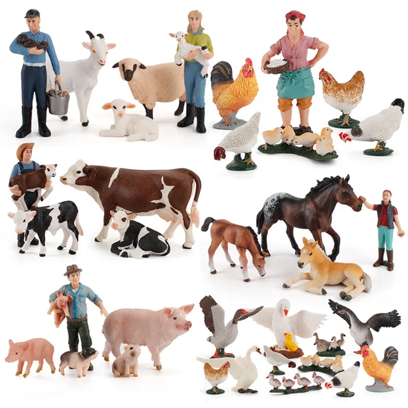 Simulation Farm Poultry Animal Action Figures Horse Cow Sheep Rabbit Pig Chicken Farmer Feeder Figurine PVC Education Toys Gifts