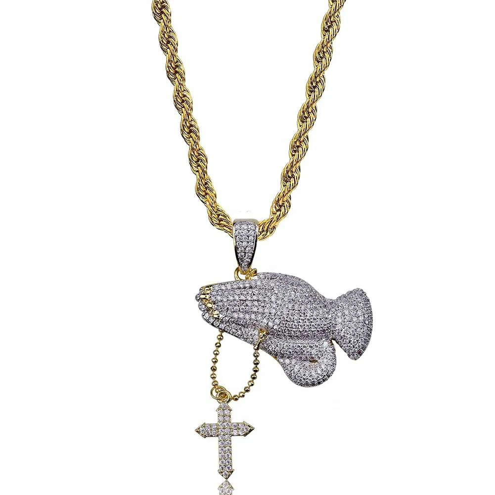 Custom Fashionable Praying Hands Pendant Necklace Personalized Diamond Encrusted Praying Hands Pendant Hip Hop Accessory For Men