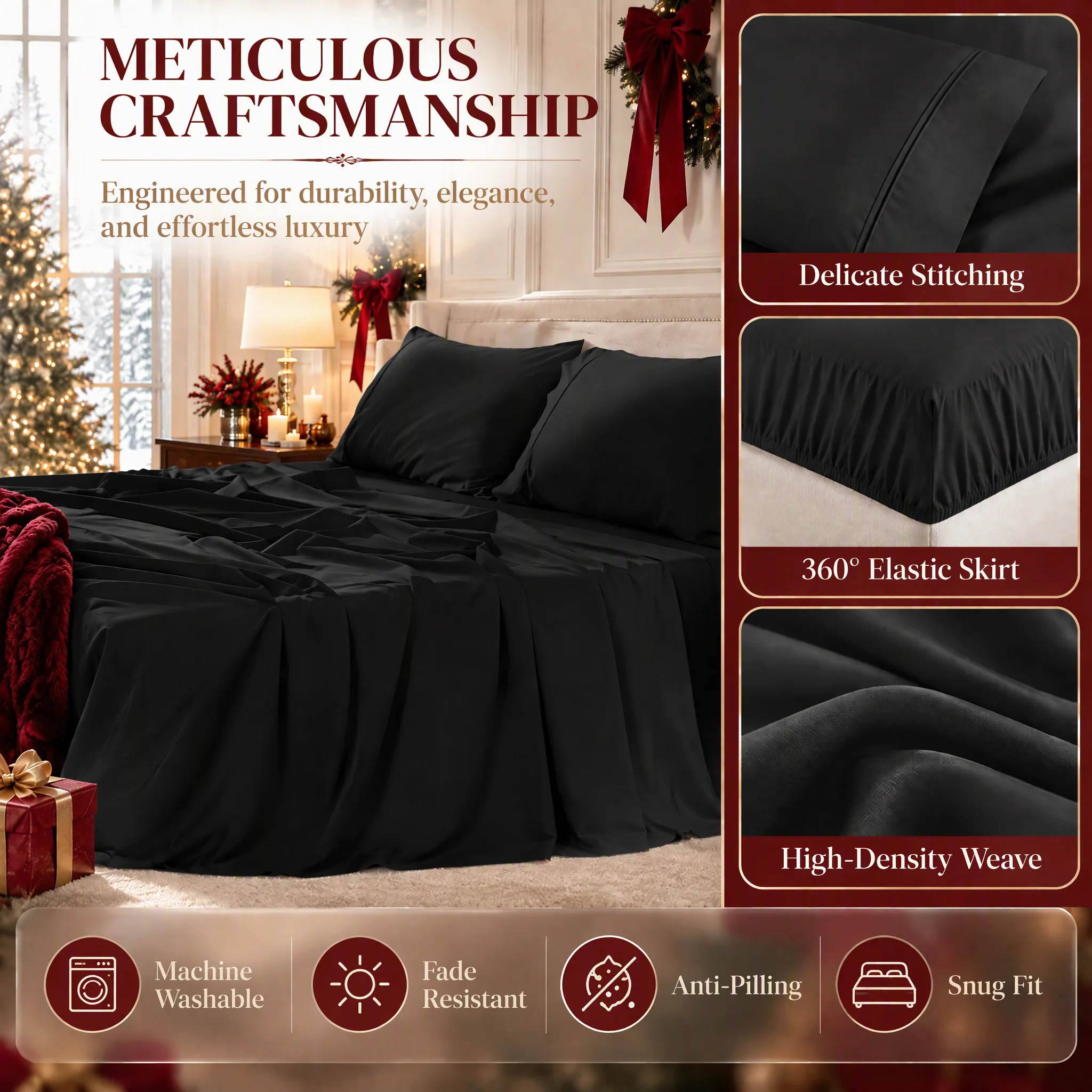 Solid 4-Piece Bedding Sheet Bundle, Twin Full Queen King Size, Deep Pocket Fitted Sheet, Flat Sheet & Pillowcases, Contemporary Bed Linens, Wrinkle Resistant for Winter Holiday Bedroom Makeover