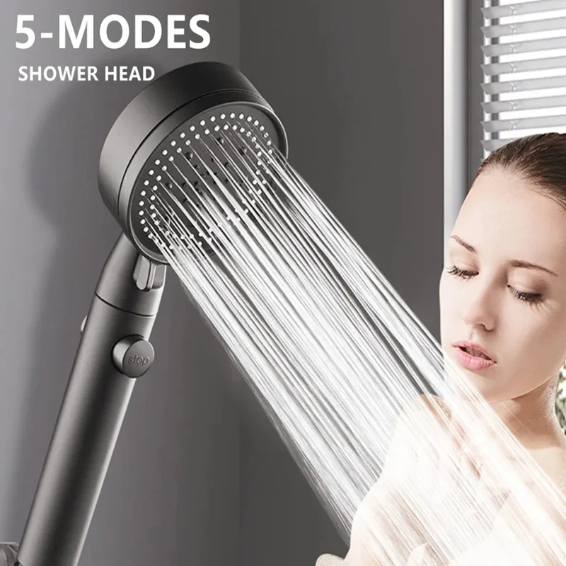 

High Pressure Shower Head 5 Modes Adjustable Showerheads with Hose Water Saving One-Key Stop Spray Nozzle Bathroom Accessories