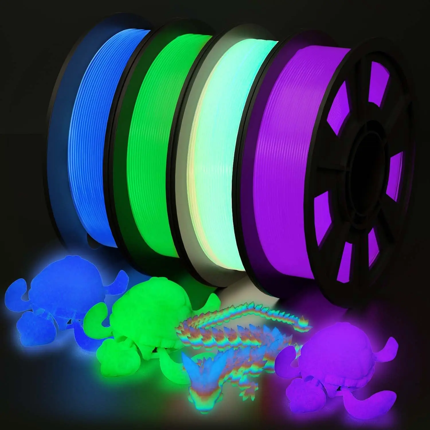 

4-Pack pla Glow-in-The-Dark 3D Printer Filament Assorted Colors Blue Green Purple rainbow 250g Each 1.75mm Diameter