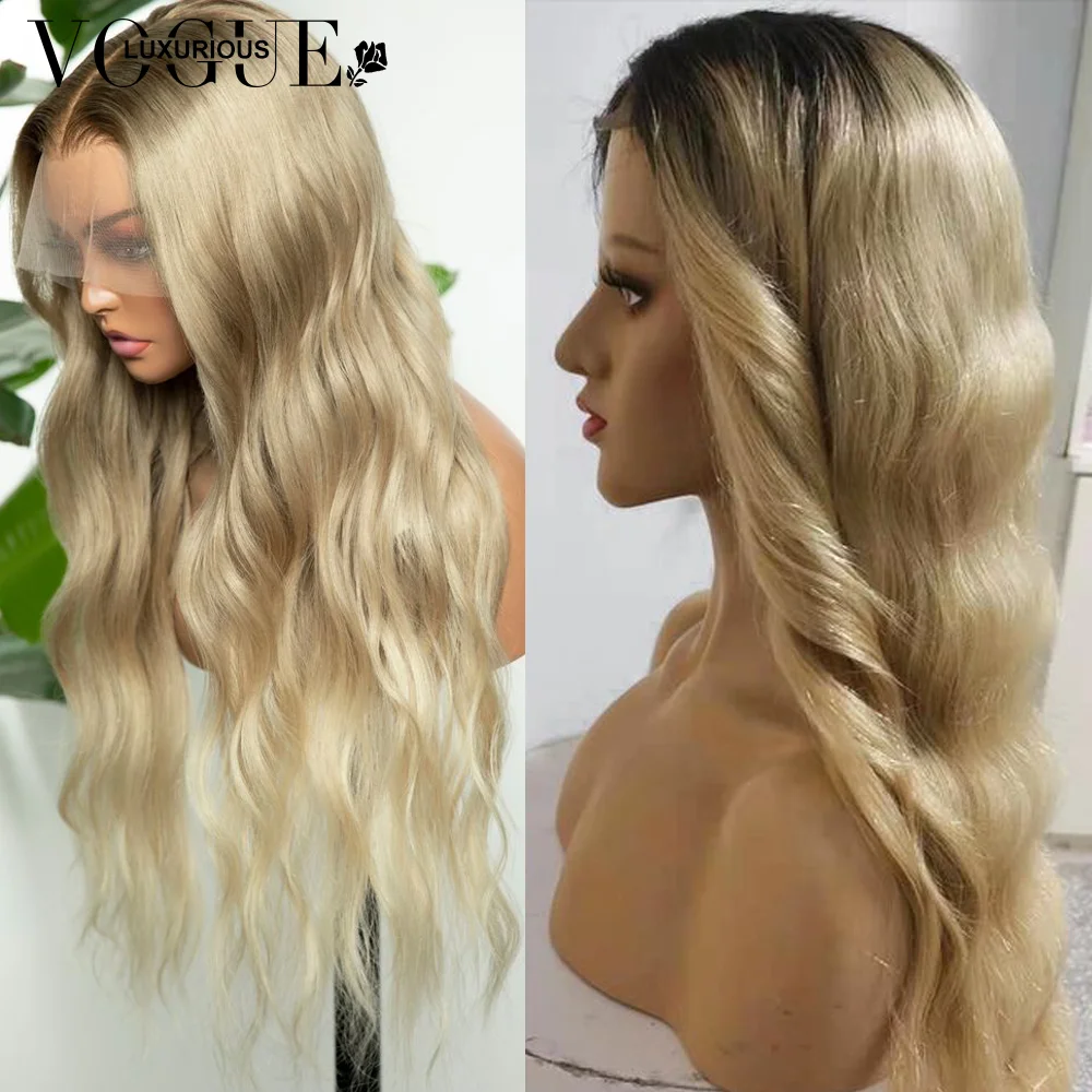 Ombre Highlight Brown Roots Ash Blonde Wigs Human Hair 13x4 Body Wave Ultra Thin Lace Colored Blonde Wig for Women 180% Density