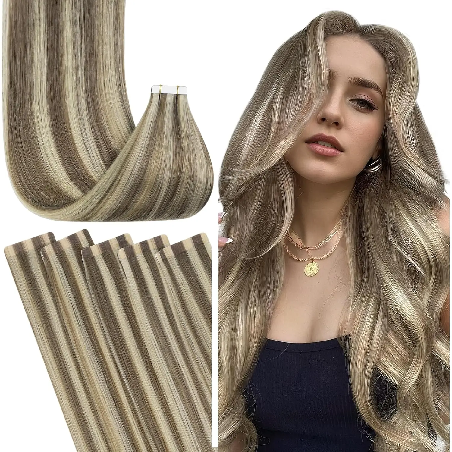 

Laavoo Tape in Human Hair Extension 20Pcs Highlight Color Remy Real Natural Human Hair Straight Skin Weft Tape in Hair Extension