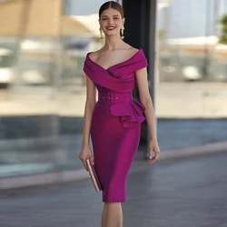 Purple Mother Of The Bride Dresses 2024 Off Shoulder Sleeve Mother Gowns With Belt Wedding Party Guest Gowns Knee Length On Sale