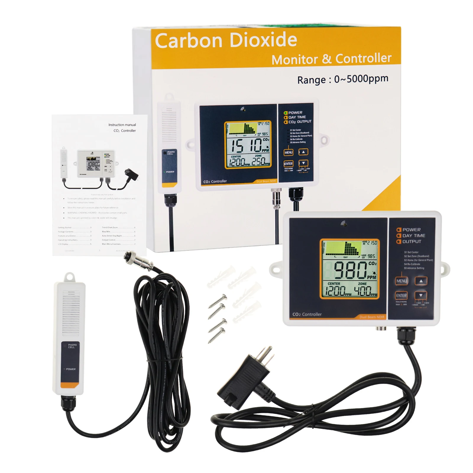 Carbon Dioxide Monitor CO2 Controller w/ 4.6 Meters Dual Beam NDIR, Day Night Detector Sensor For Greenhouse, Mushrooms