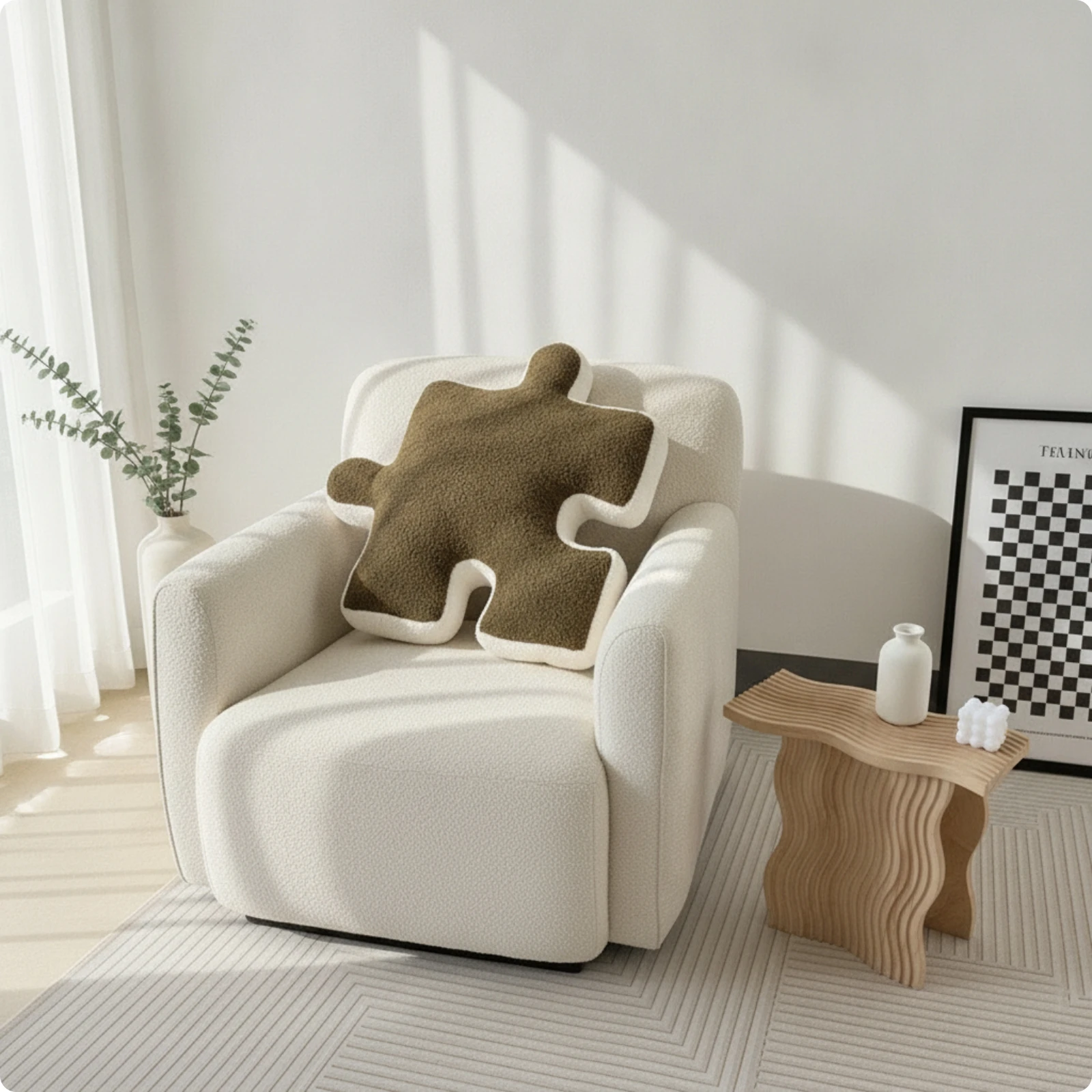 Bouclé Puzzle Piece Cushion Decorative Special Shape Throw Pillow for Sofa Living Room Bedroom Bed Home Decor