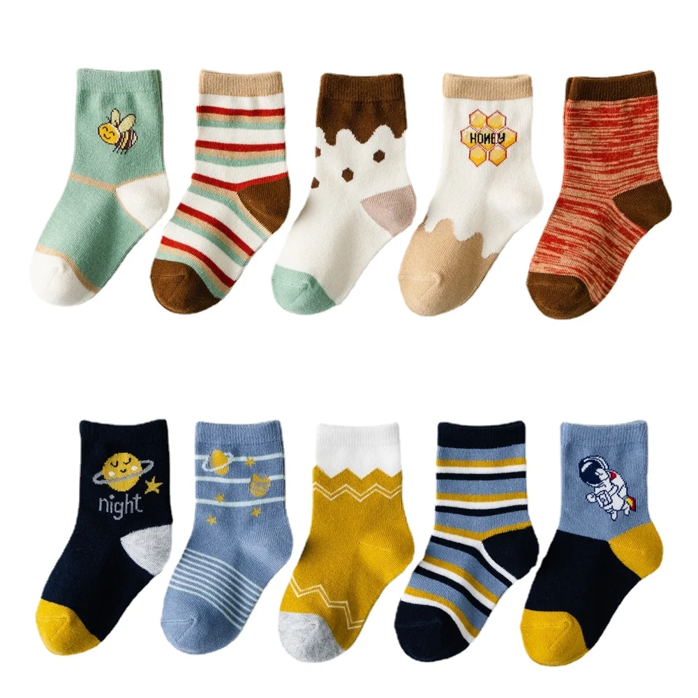 5 Pairs Korean Kids Fashion Cartoon Socks Baby Spring Autumn Long Socks Boys Girls Casual Socks Children Clothing Accessories