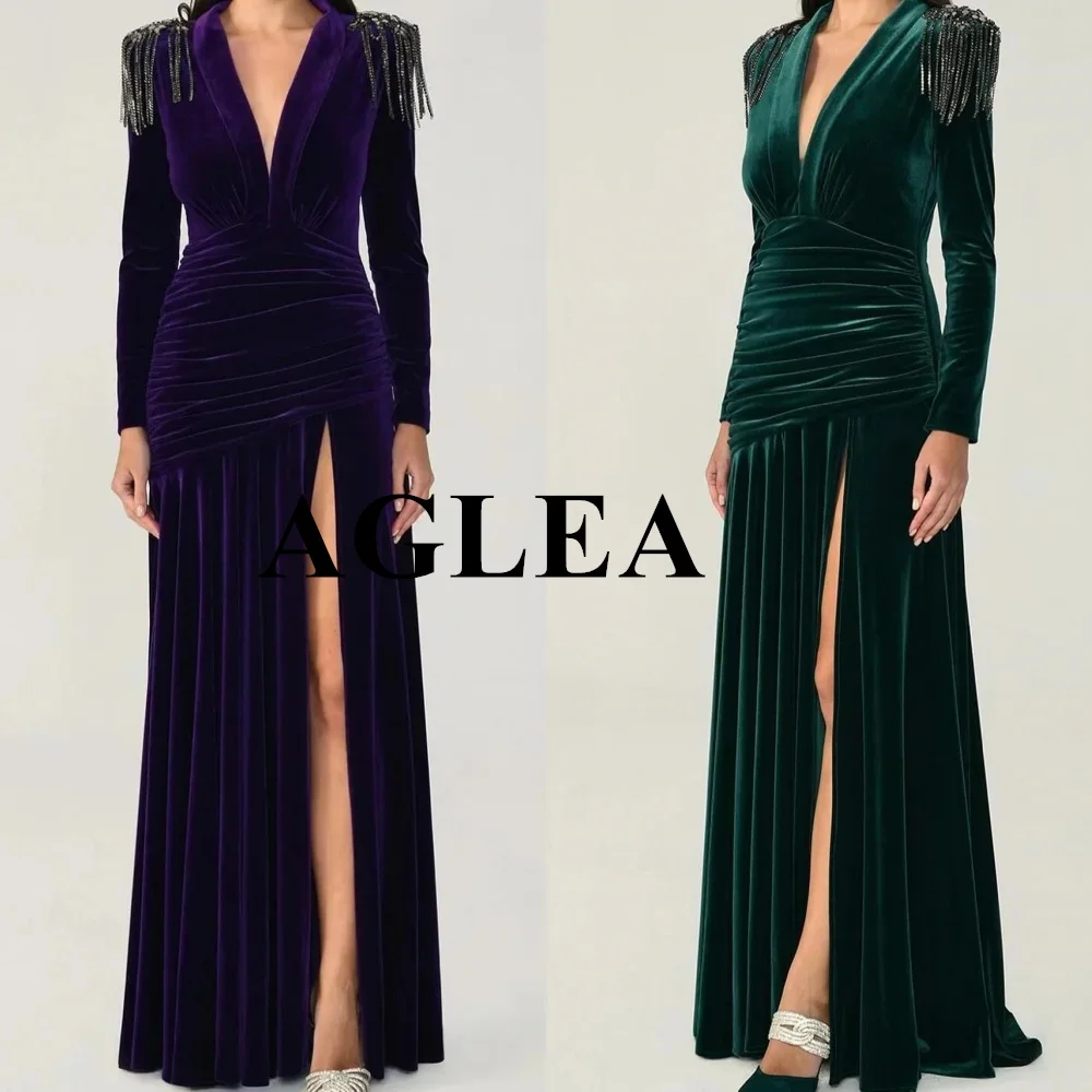 AGLEA 2024 Prom Dress Saudi Arabia Evening Dress Elegant V-neck A-line Floor Length Dresses Rhinestone Tassel Velour Customized