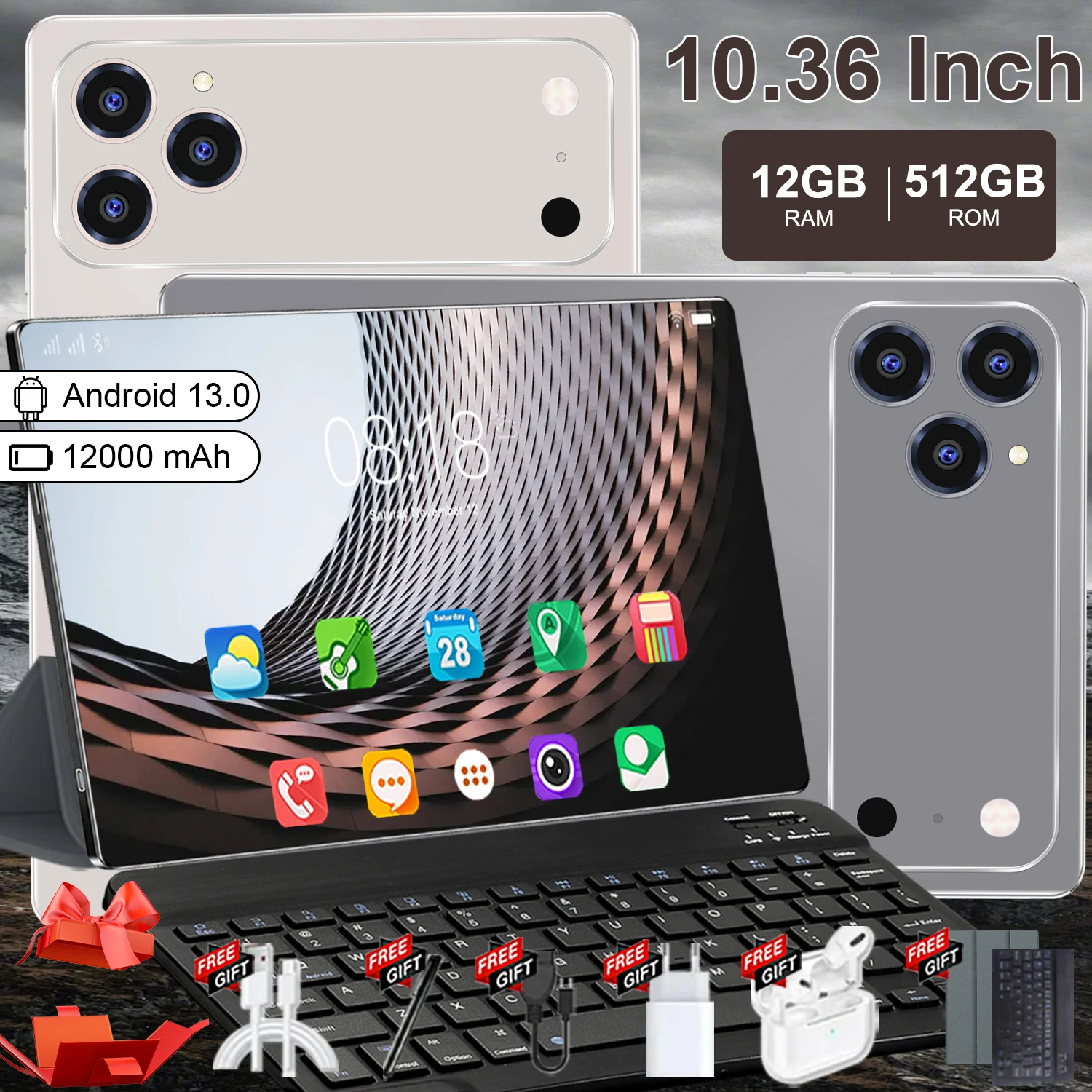 Appareil Android 10,36 pouces Version Globale Batterie 12000mAh Mémoire 16Go+1To 10‑Cœurs Système Android13.0 Connexion Wifi Capteurs photo 16MP+32MP