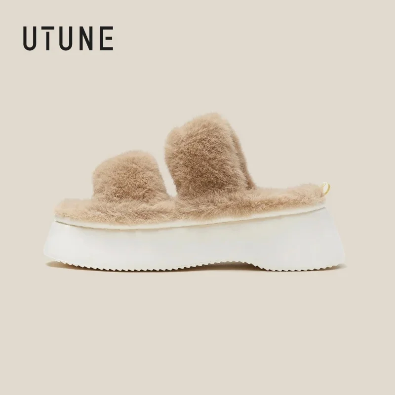 

UTUNE Women's Exquisite Thick soled Plush Shoes Cotton Warm Sandals Artificial Fur Winter Home Flat Heelsmassage flip flops shoe