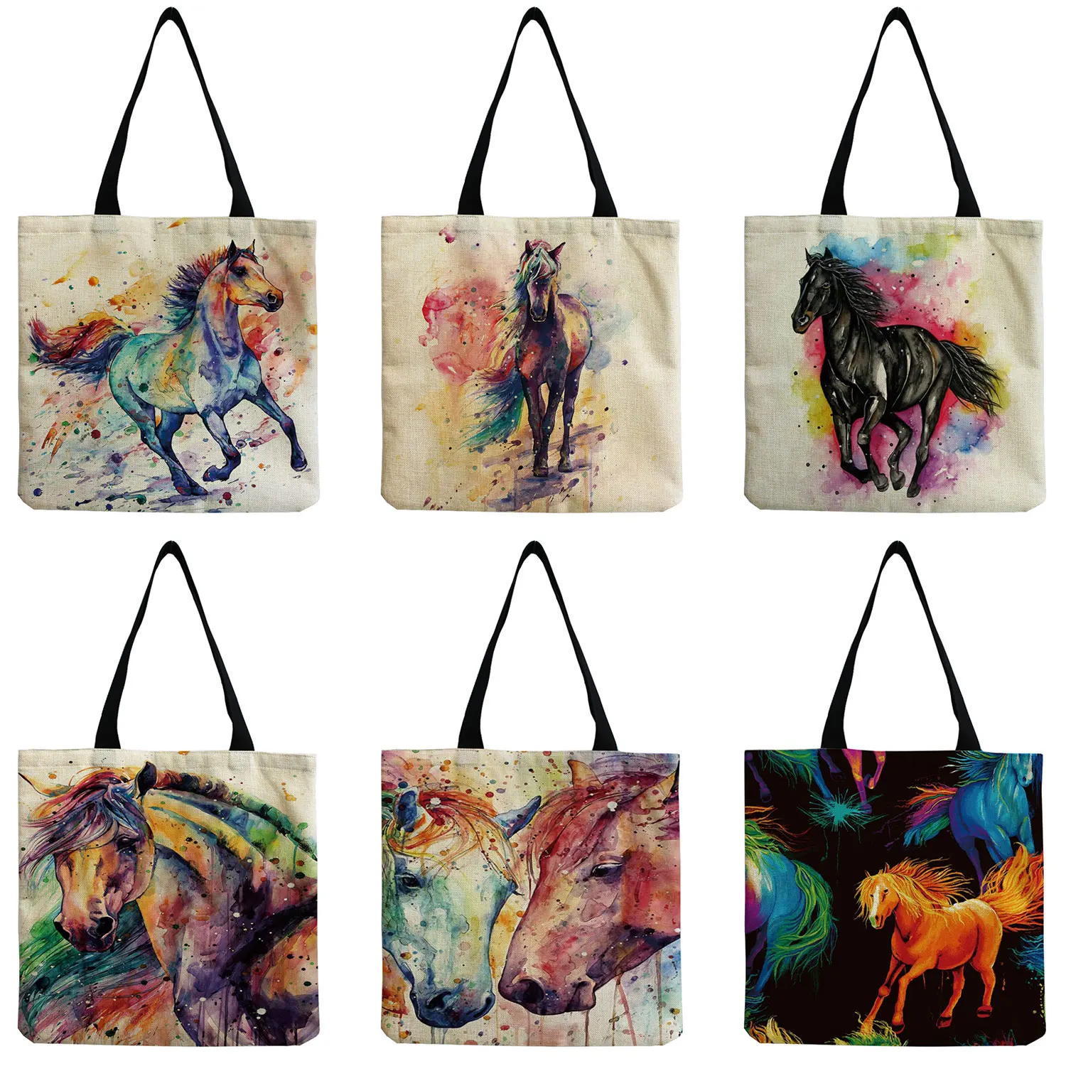 Cartoon Animal Cute Horse Printed Handbags Outdoor Travel Fashion Eco Friendly Tote High Capacity Portable Foldable Shopping Bag