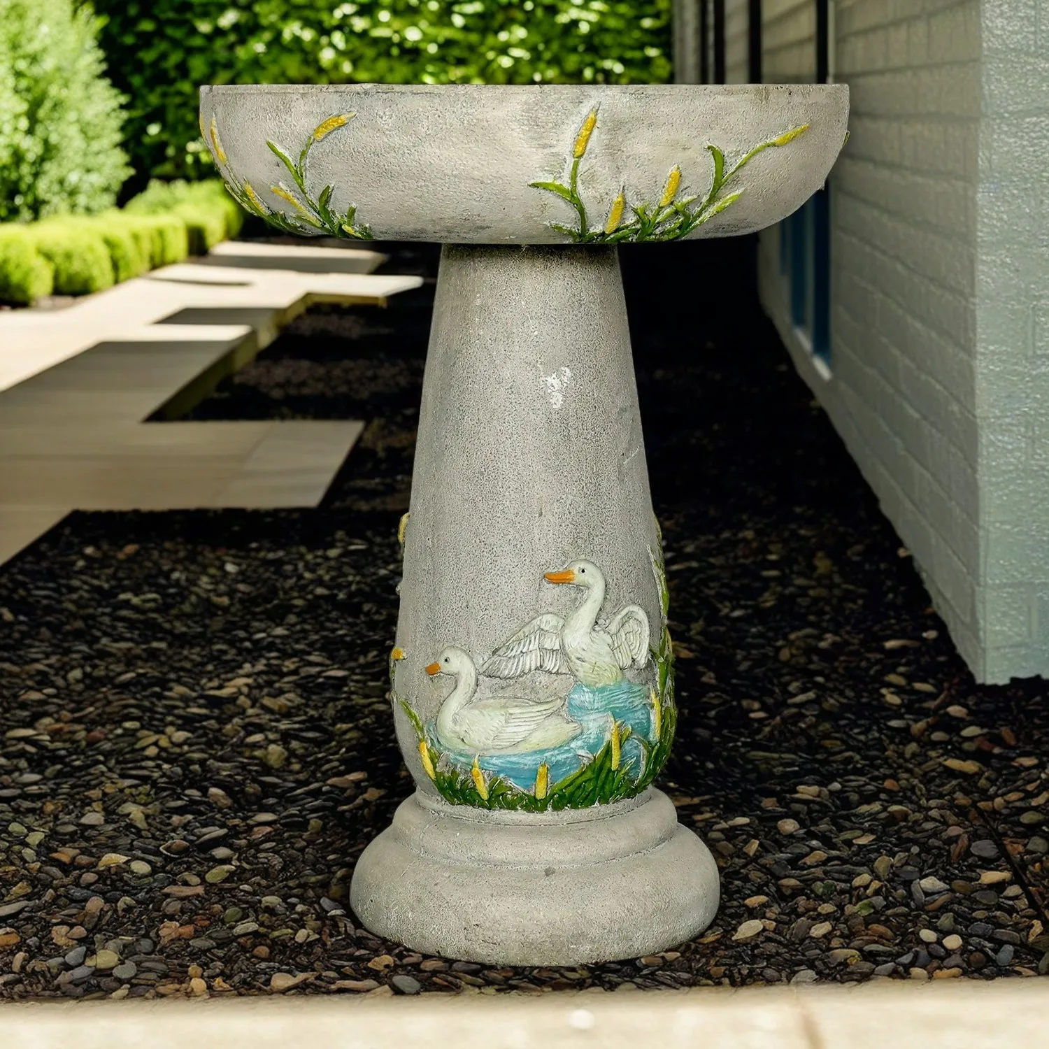 22.2 ''H Elegant Outdoor Bird Bath with Hand Painted Swan Pattern - Sturdy and Artistic Birdhouse for Garden Backyard Lawn Decor