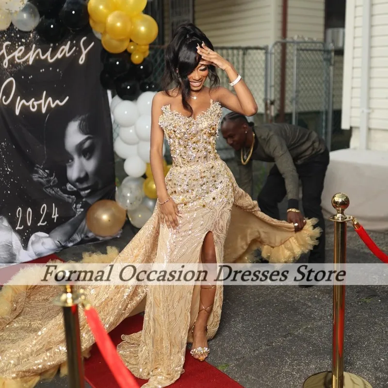 Luxurious Black Girls Prom Dresses With Detachable Train Sequin Crystal Party Gowns Satin Evening Dress Sweetheart Customized image 3