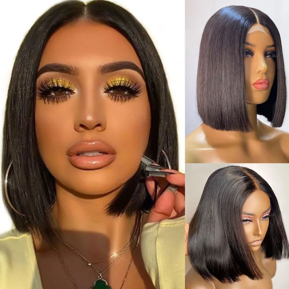 

4*4 Transparent Lace Closure Hair Wig Bob Short Straight Human Hair Wigs Blunt Cut Pre Plucked Wig 100%Human Hair For Women
