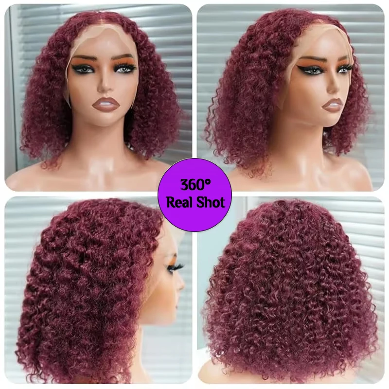 Borgogna # Parrucca Bob corta riccia a onda profonda 99J Parrucca Bob riccia in pizzo 100% capelli umani 13x4 Pre pizzicata Densità 250% per le donne nere