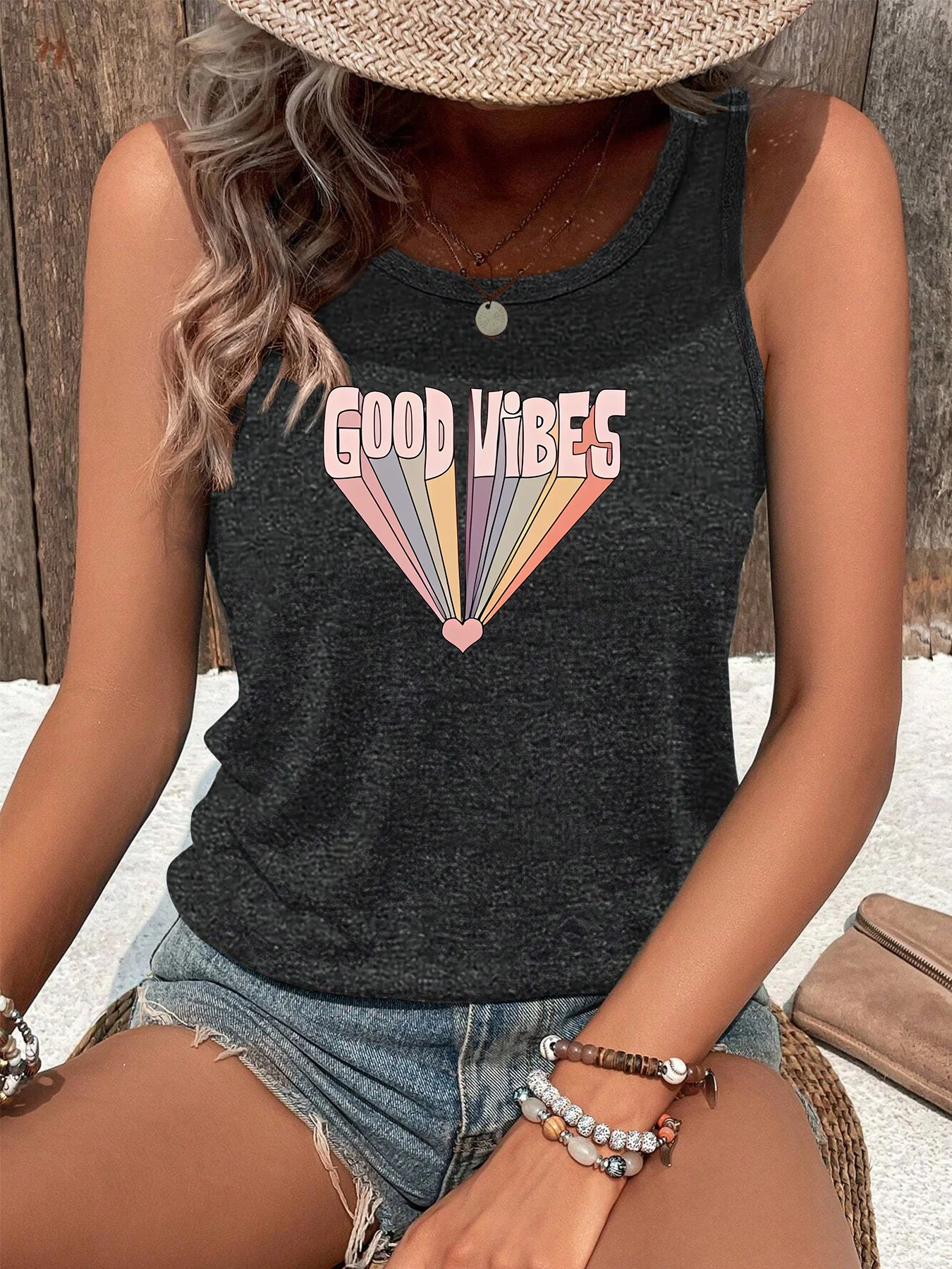 

Summer Good Vibes Rainbow Beach Letter Print Fashion Funny Sports Women Tank Top Loose O Neck Sleeveless Casual Tank