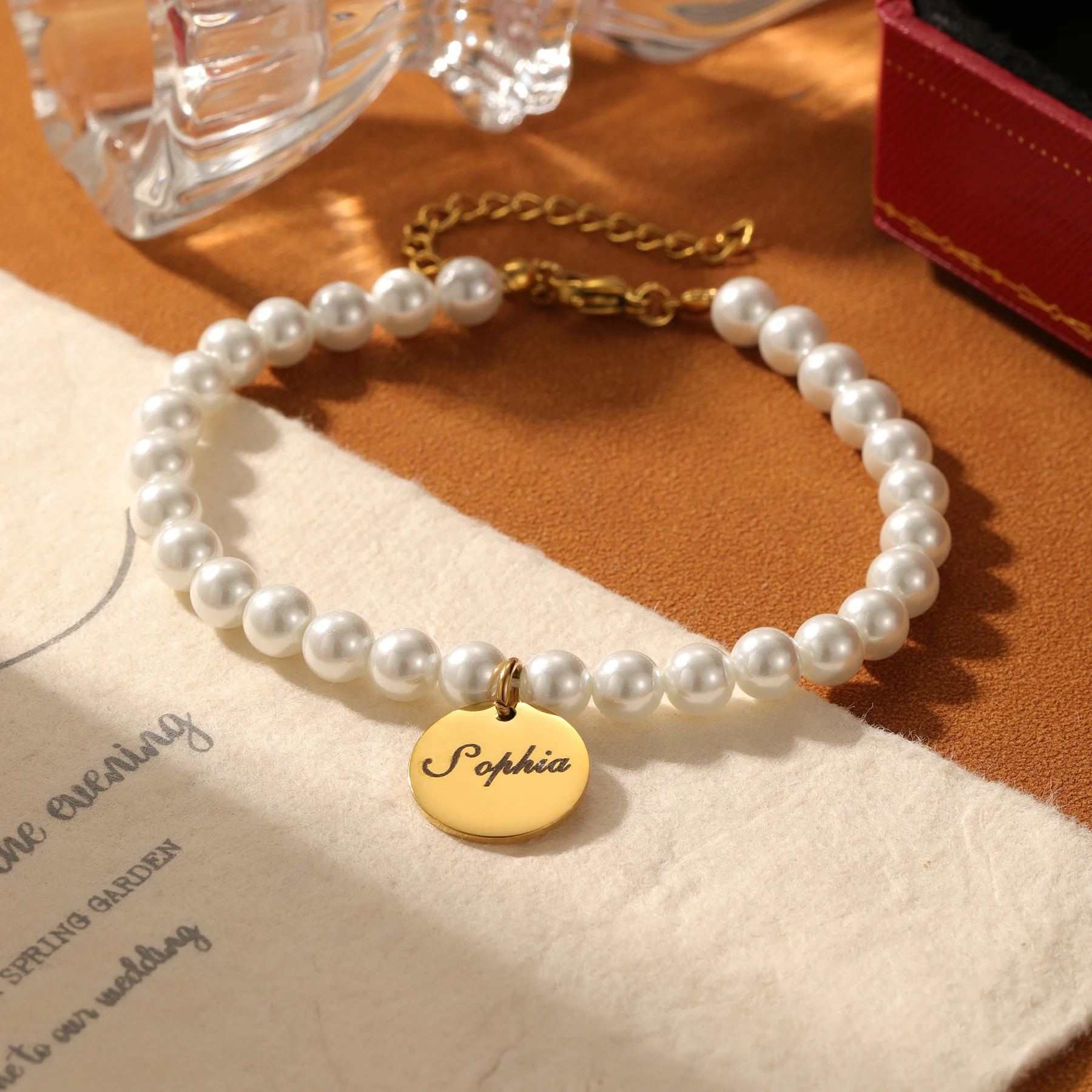 

Custom Name Round Charm Pearl Bracelet Personalized Date Pendant Bracelet Stainless Steel Pearl Bracelets Birthday Gift for Her