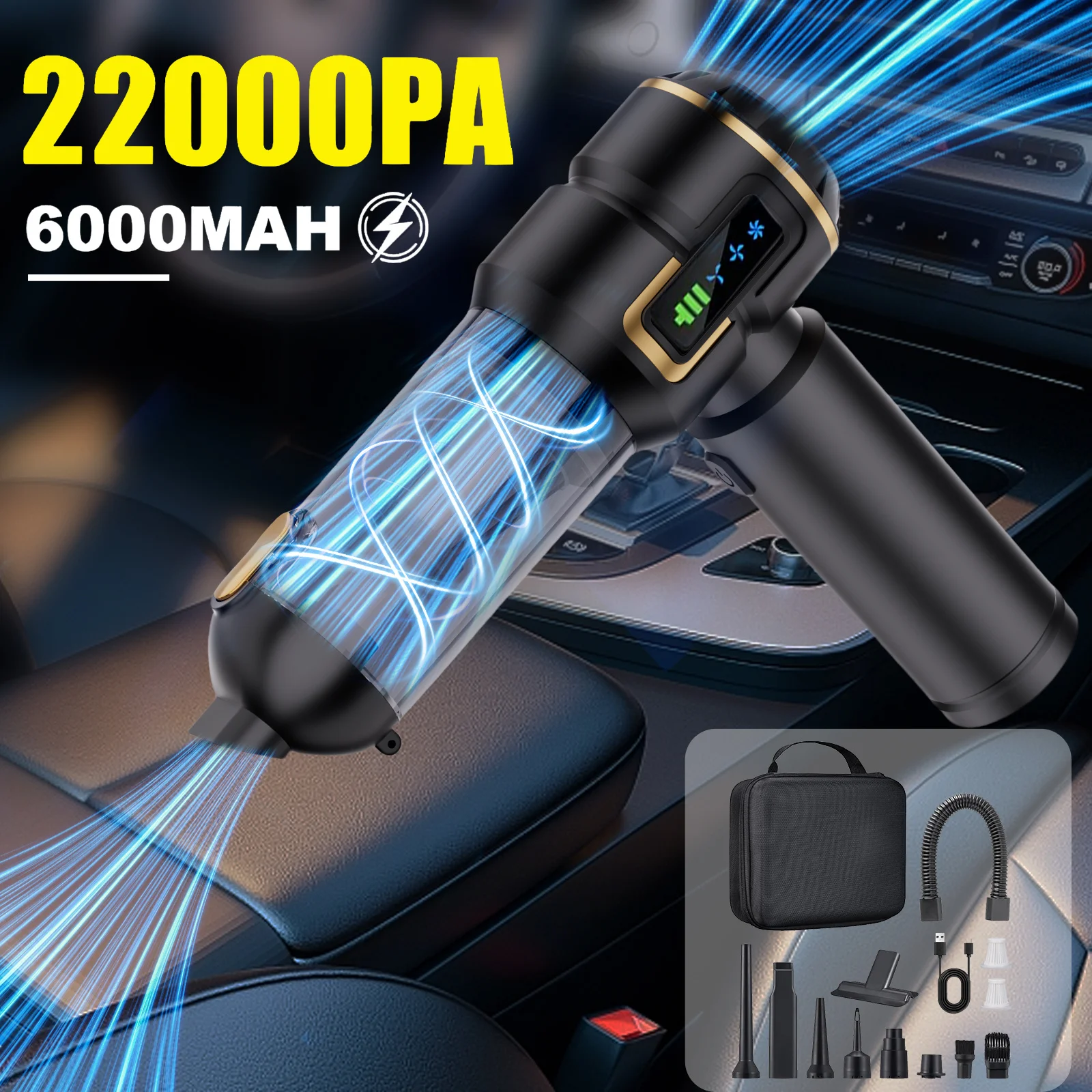 Potente mini aspiradora de mano inalámbrica de 22000PA, aspiradora para coche con burbujas, aspiradora recargable para pelo de animales