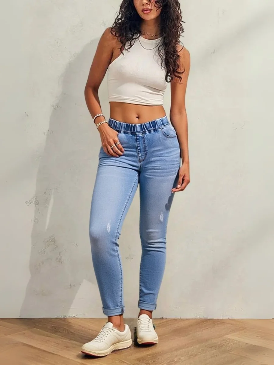 【HME】กางเกงยีนส์เดนิมขายาวหรูหราสำหรับผู้หญิง - ความยืดหยุ่นสูง สีทึบ ทอ ความยาวเต็ม กระชับพอดีพร้อมรายละเอียดปุ่ม