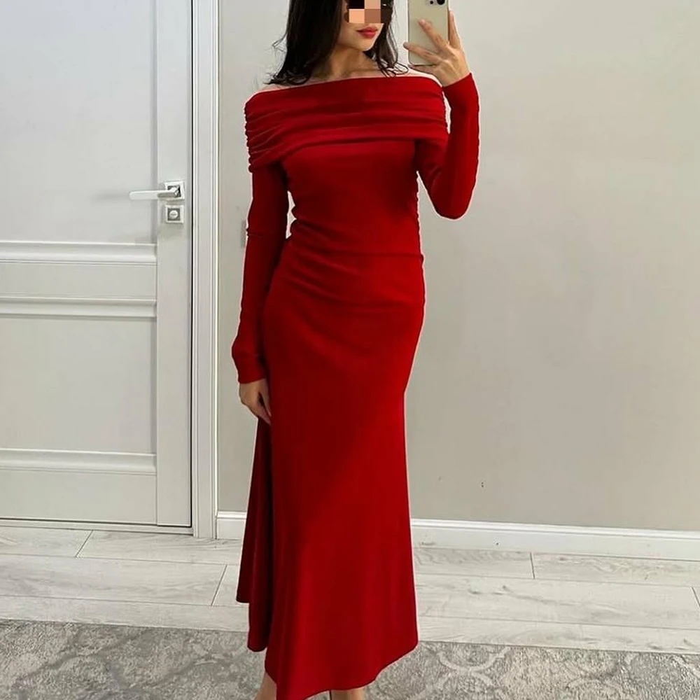 

Msikoods Customized Red Prom Dresses Off-Shoulder Long Sleeve Elegant Ruched Special Occasion Dress Women Arabic Evening Gown