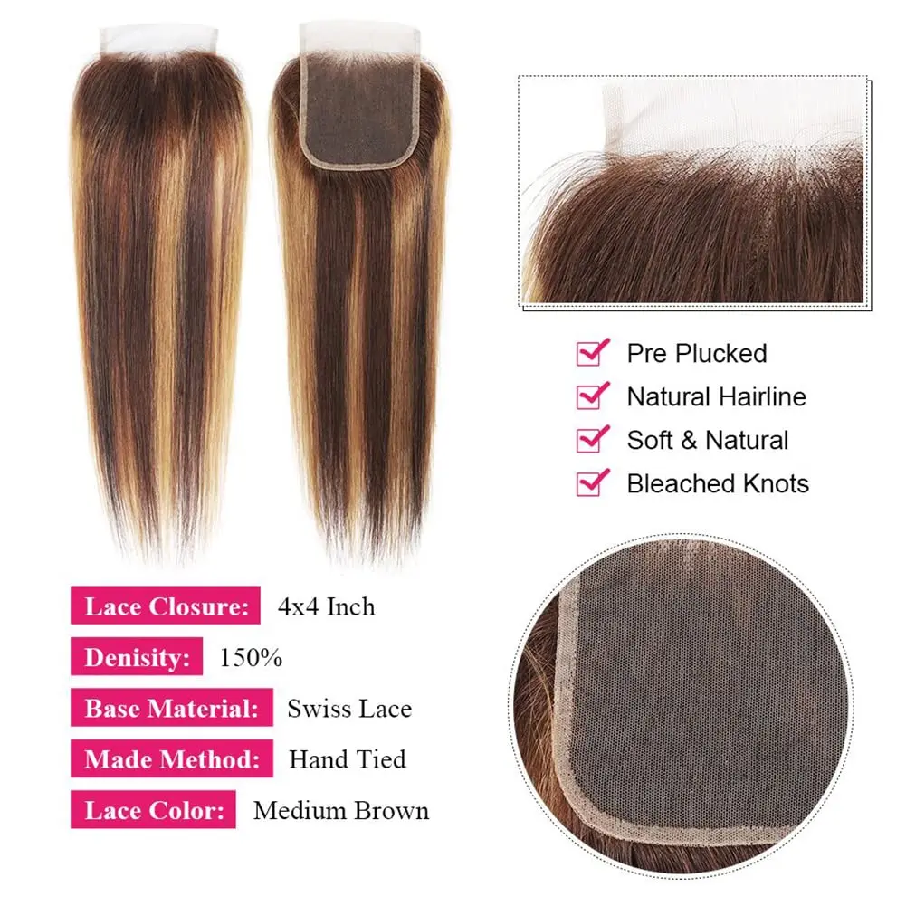 Ombre Destaque Pacotes com Fecho, Pacotes de cabelo reto, Parte livre, 3 Pacotes, 4x4 Lace Closure, P4/27