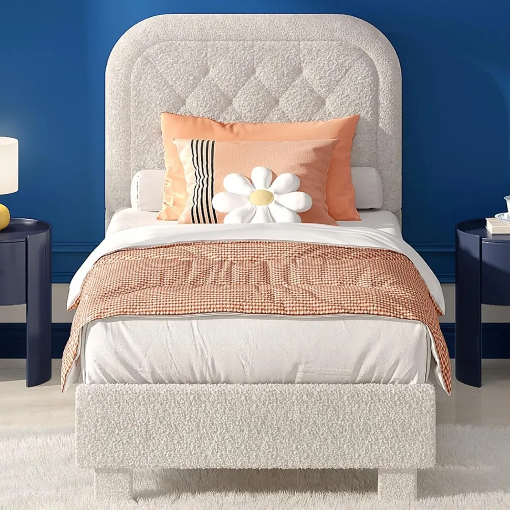 Bed Frame with Headboard,Cloud Bed Frame with Rounded Corners, Cream Design,Boucle Upholstered Platform Soft Bed with Sturdy Wo