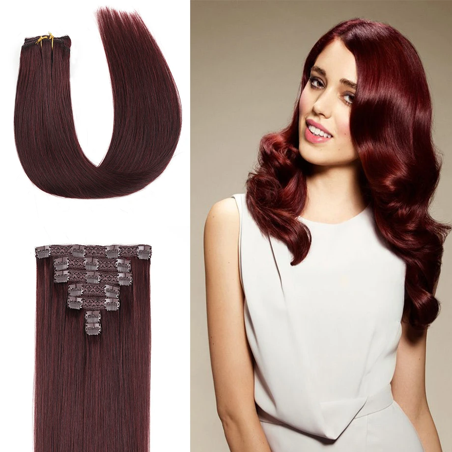 Clip-in Hair Extensions 100% Natural Remy Real Human Hair Dark Brown Wine Red Clip-On HairPiece 12-18 Inch 70g For Salon Supply