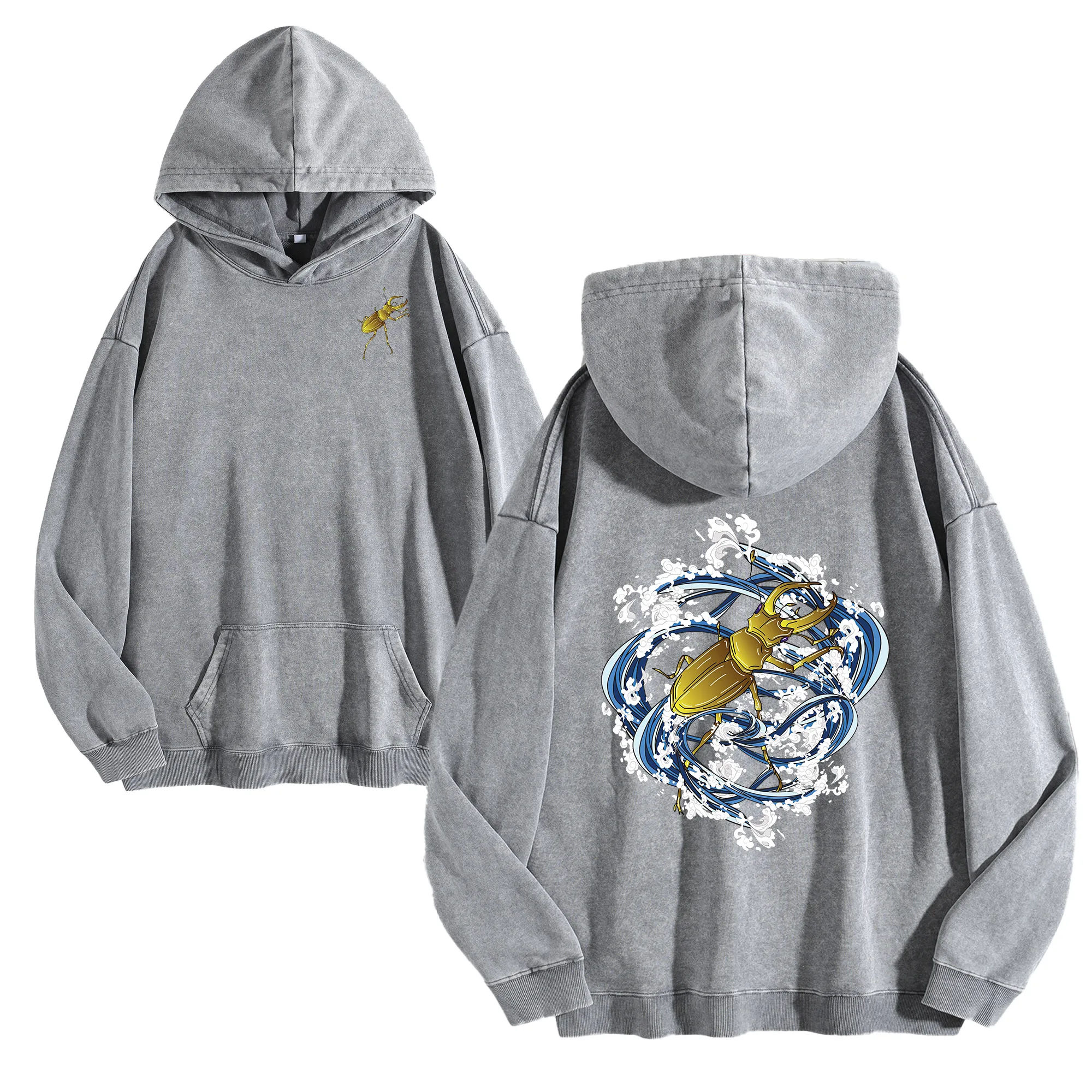 Scarab Splash طباعة على الوجهين 400G هوديي عتيق مغسول للجنسين بلوفر كبير الحجم ملابس الشارع مجموعة الخريف/الشتاء