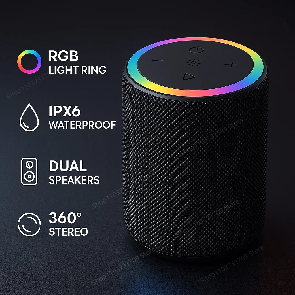 

Mini Bluetooth Speaker Portable Wireless Stereo RGB Light Ring Waterproof TF USB AUX Travel Shower Home Office Desk Speaker
