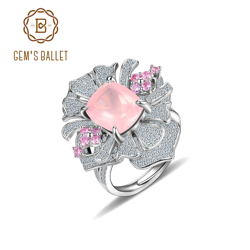 

GEM'S BALLET Luxury Flower Rings With Rose Quartz Women's Wedding Engagement Ring 925 Sterling Silver Adjustable Finger Ring