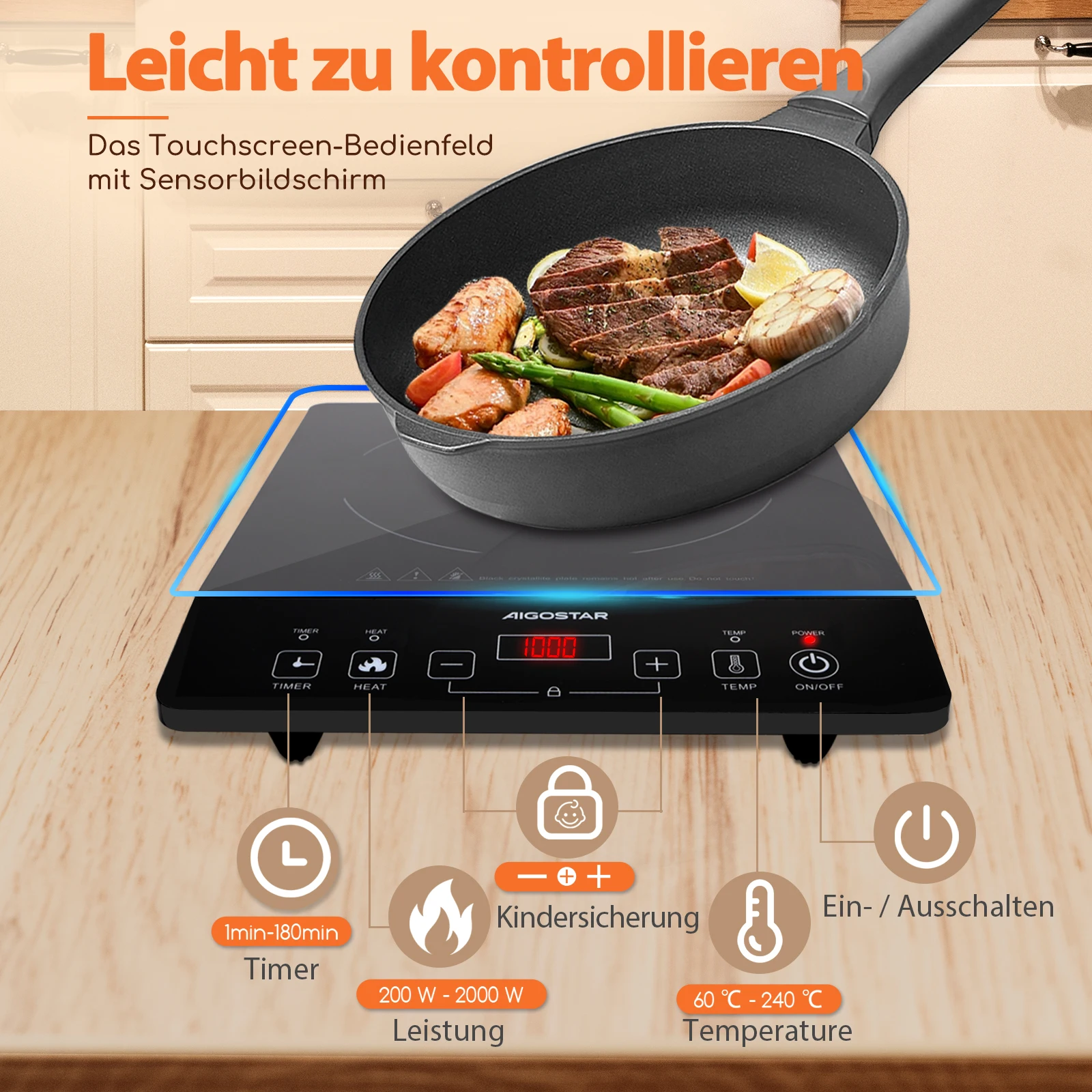 Aigostar Induktionskochfeld, Induktionskochplatte mit 2000 W, Touch-Steuerung, 10 Leistungsstufen, 10 Temperatureinstellungen, LED-Digitalanzeige, 3-Stunden-Timer, Schwarz
