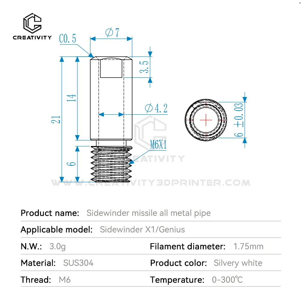 MK8 extruder Bore 4.1mm Heat break V6 dual hotend J-head throat for Sidewinder X1 3d printer ﻿parts