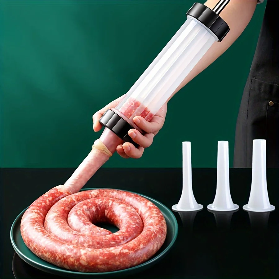 Manual Sausage Maker with 3 Stuffing Nozzles - Handheld Sausage Filler, Home Kitchen Sausage Stuffer Tool for Homemade Sausages