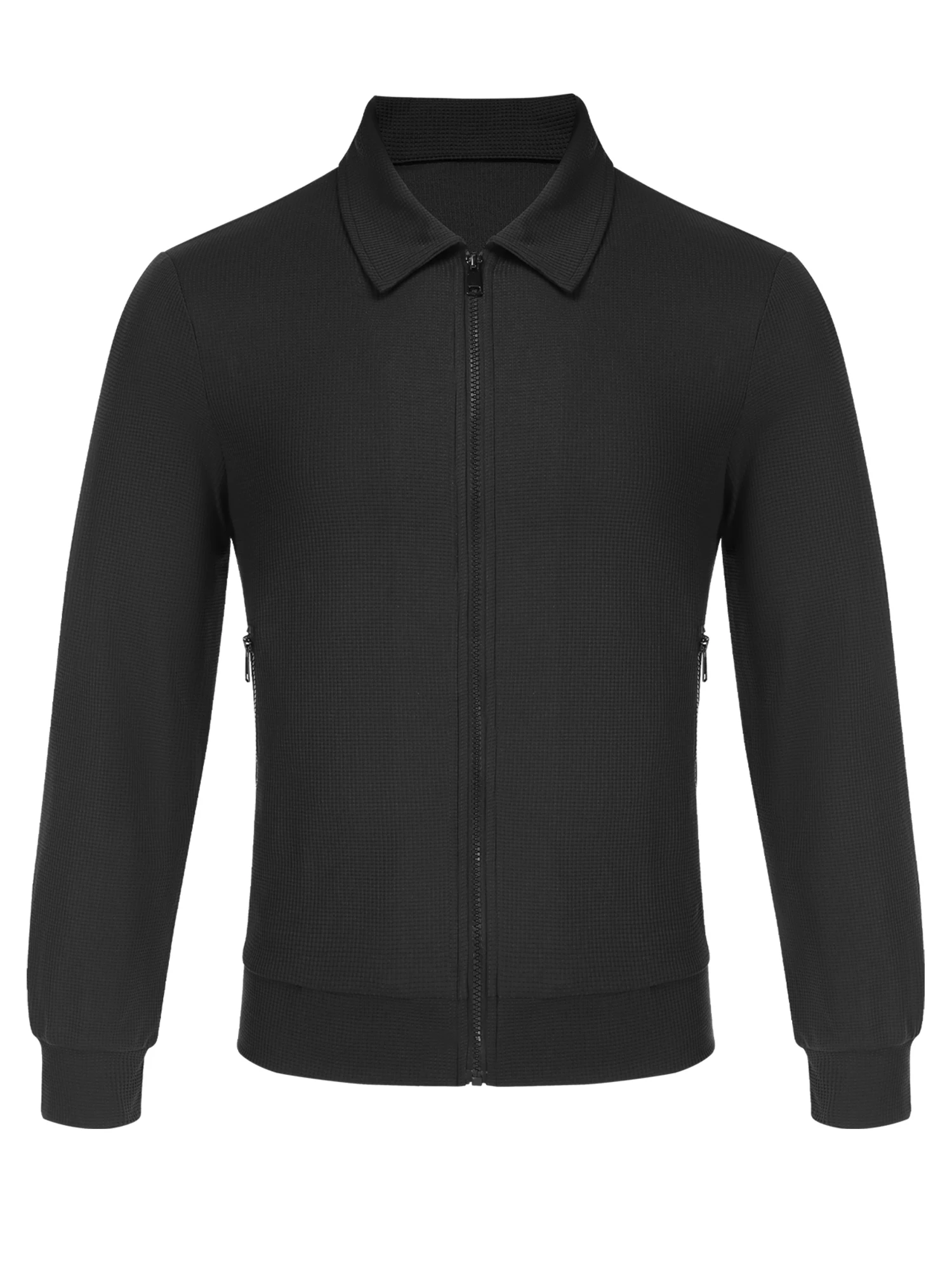 

Men's Casual Zip-Up Jacket, Loose Fit Long Sleeve Lapel Polyester Coat with Pockets for Outdoor Daily Wear