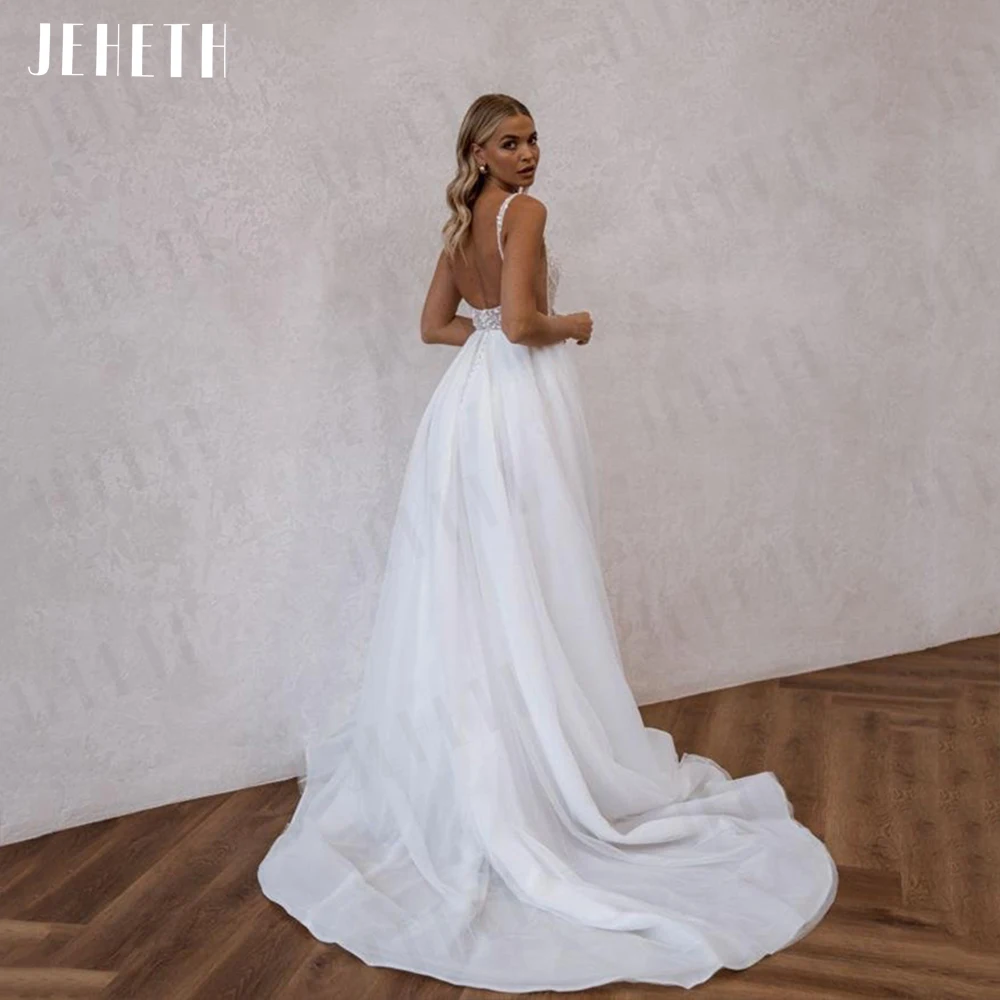 JEHETH Beach Elegant Wedding Dresses Split Backless Lace Appliques  Bridal Gown Square Neck Boho Spaghetti Straps فستان حفلات ال