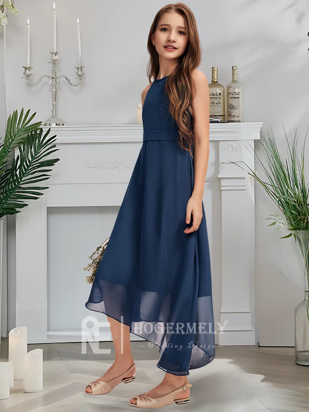 Роскошное платье подружки невесты с лямкой на шее, серебряное платье с цветочным узором для девочек с лунным разрезом, шифоновое платье длиной до пола с каскадными складками на свадьбу