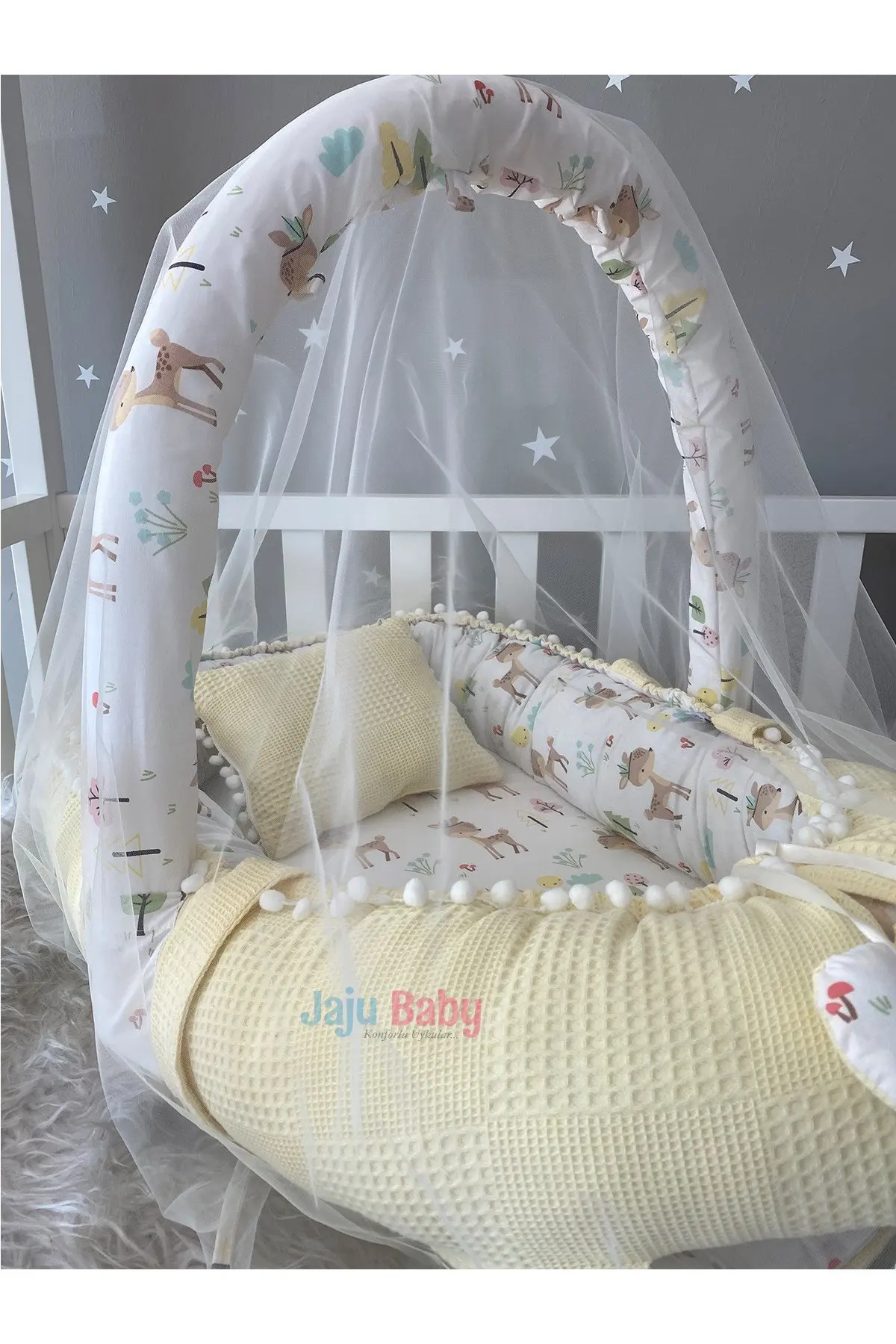 Tessuto piqué Waffle giallo fatto a mano Design Ceylan pompon Babynest Toy apparato e Tulle Set